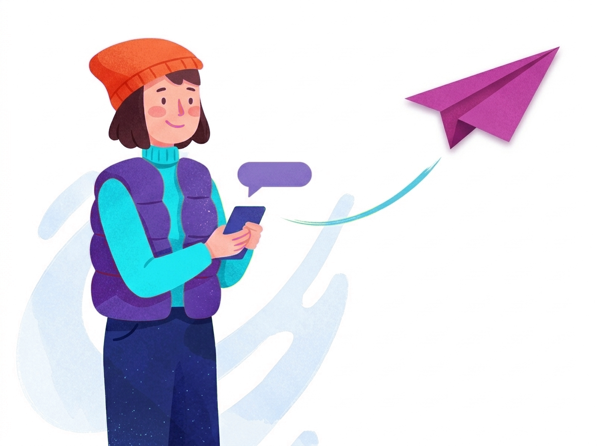 The XdotsY girl sends a message from her phone; it flies off as a paper plane.
